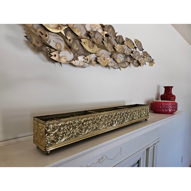 A great MCM Hollywood Regency Gold Brass Decor Dried Arrangement Floral Planter. This large 30 imch planter with gold ball...