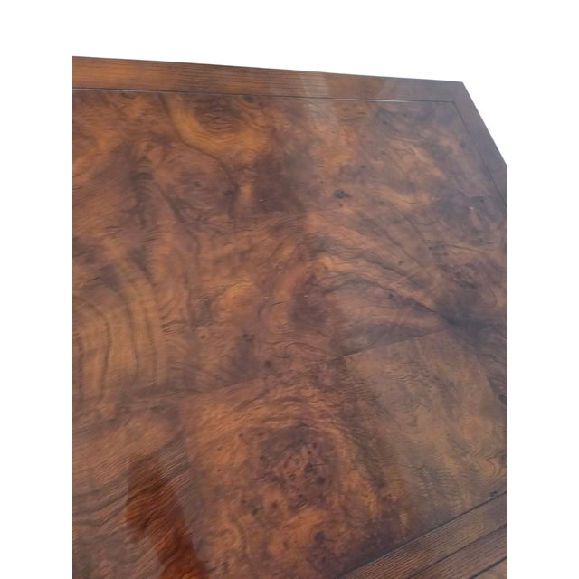 1980s Henredon Scene One Campaign Oak Burlwood Dining Room Parson Table Extension For Sale - Image 16 of 18