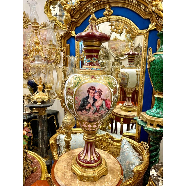 French Porcelain Vase With Romantic Couple Scene & Cherub Finial – Gilt Bronze Mounted Vase For Sale - Image 4 of 5