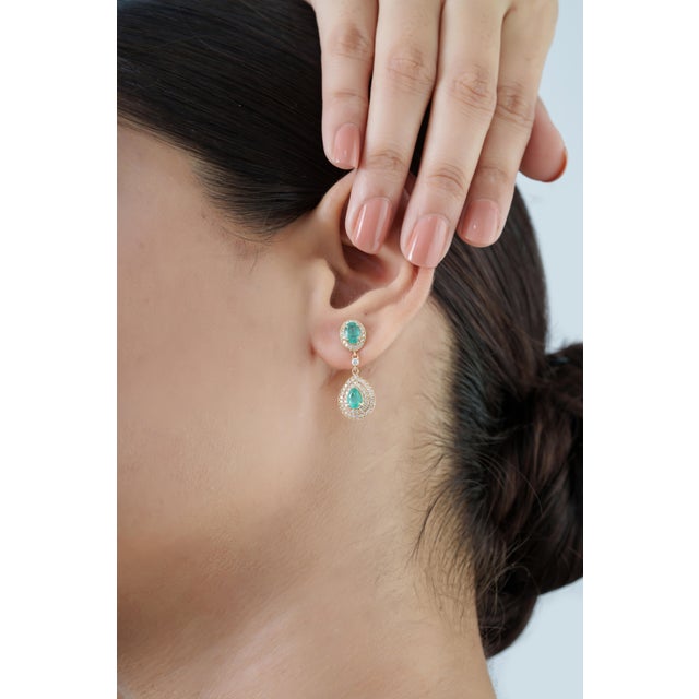 1.68ct Pear-Cut Emerald & Diamond Double Halo Drop Earrings in 14k Yellow Gold- 2 Pieces For Sale In New York - Image 6 of 14
