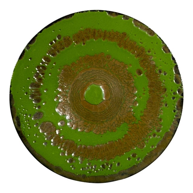 Vintage Mid Century Enamel on Copper Charger Plate With Green and Bronze Glaze For Sale