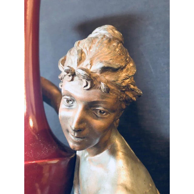 Spelter Figure of a Water Bearer on a Pedestal / Marble With Red Glazed Vase For Sale - Image 11 of 13