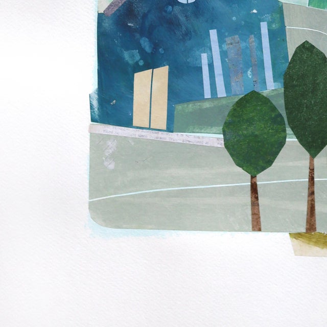 Twin Trees at Sunrise - Original Colorful Cityscape Watercolor Landscape Collage Mixed Media Work on Paper by Maria C Bernhardsson For Sale - Image 4 of 7