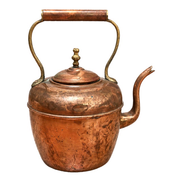 Antique Hand-Hammered Copper Teapot Kettle With Copper Handle & Brass Accents, Rustic European Style, 12.5” For Sale