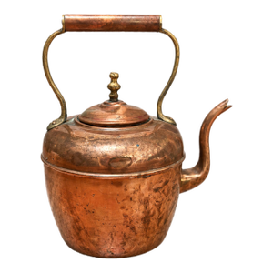 Antique Hand-Hammered Copper Teapot Kettle With Copper Handle & Brass Accents, Rustic European Style, 12.5”