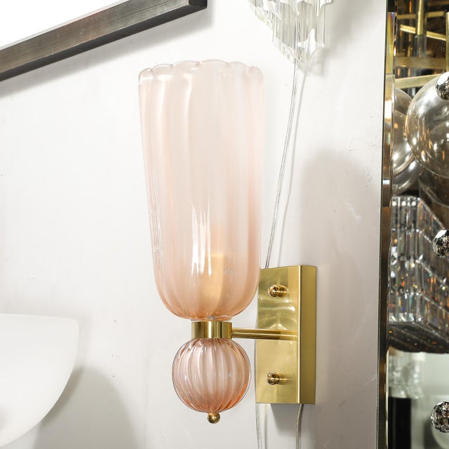 Modernist Hand-Blown Fluted Murano Glass Sconces W/ Orbital Drop in Frosted Rose For Sale - Image 12 of 12
