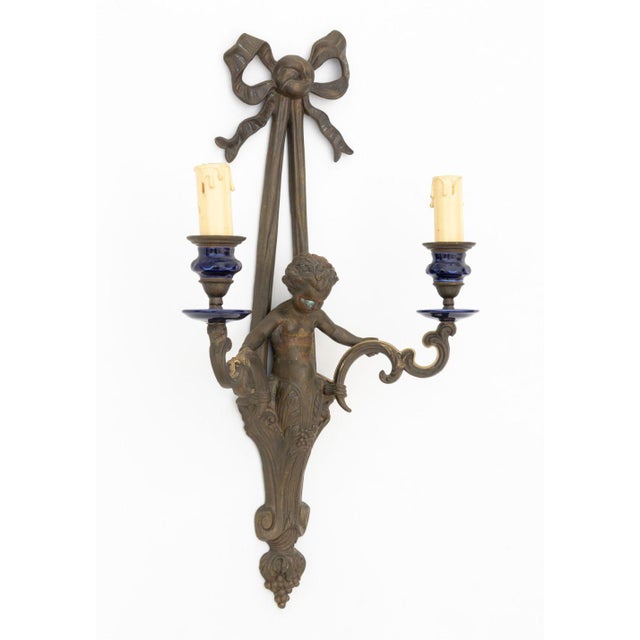 Patinated Brass Cherub Candlestick Sconces, Pair For Sale - Image 12 of 13