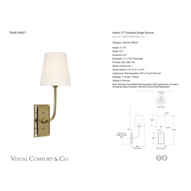 Modern Thomas O'Brien for Visual Comfort Signature Hulton 17" Cordless Single Sconce in Hand-Rubbed Antique Brass with Linen Shade For Sale - Image 3 of 5