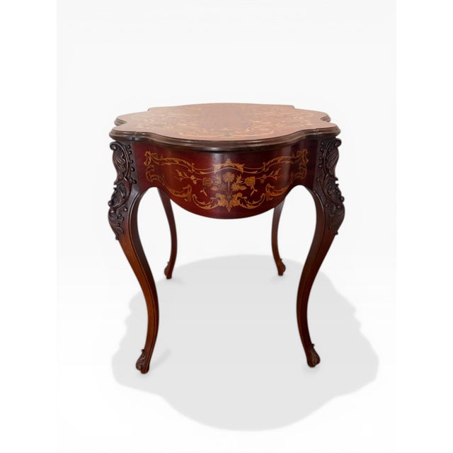 Mid 20th Century Louis XV Style Inlaid Marquetry Console Table With Mother-of-Pearl Accents For Sale - Image 4 of 12