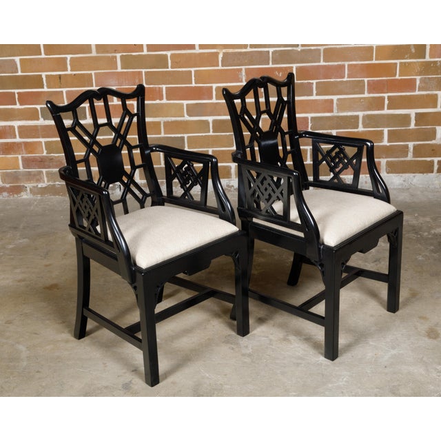 Pair of English Chinese Chippendale Style Black Lacquered Armchairs, circa 1950 For Sale - Image 4 of 12