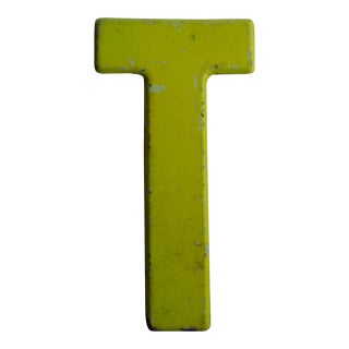 Vintage Rustic Metal Neon Yellow Letter 'T' Sign For Sale