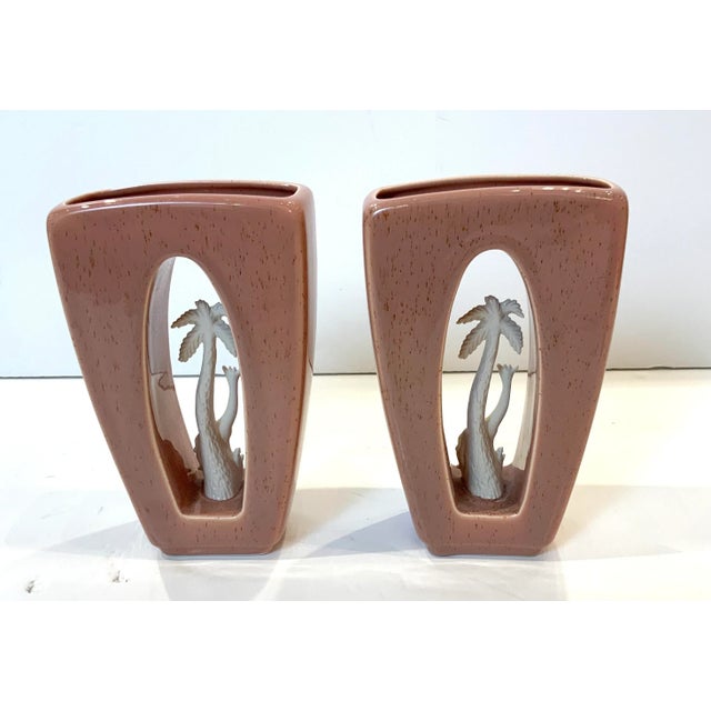 Modern 1950s Howard Pierce Pink Vases With Giraffe and Palm Tree, a Pair. For Sale - Image 3 of 10