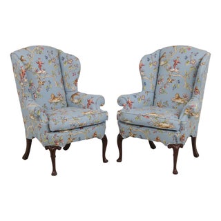 Pair Jungle Boogie Monkey Toile Upholstered Wing Chairs For Sale