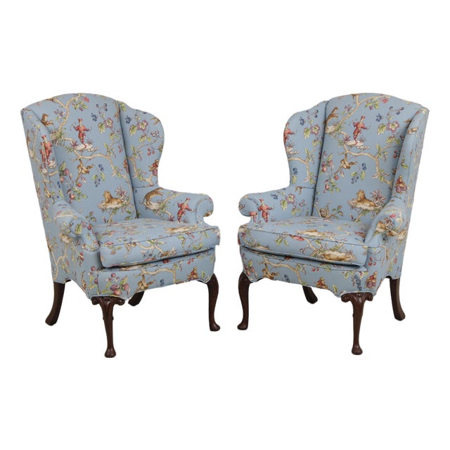 Pair Jungle Boogie Monkey Toile Upholstered Wing Chairs For Sale