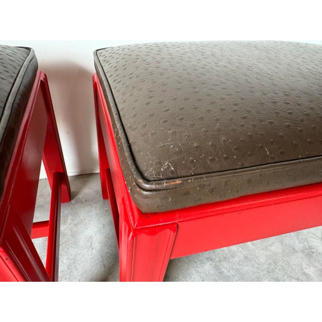 1970s 1970's Mid-Century Red Lacquered Mahogany Wood With Brown Leather Seats Ottomans - a Pair For Sale - Image 5 of 12