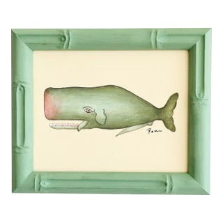Original Hand-Painted Baby Whale Painting in a Hand-Painted Frame For Sale