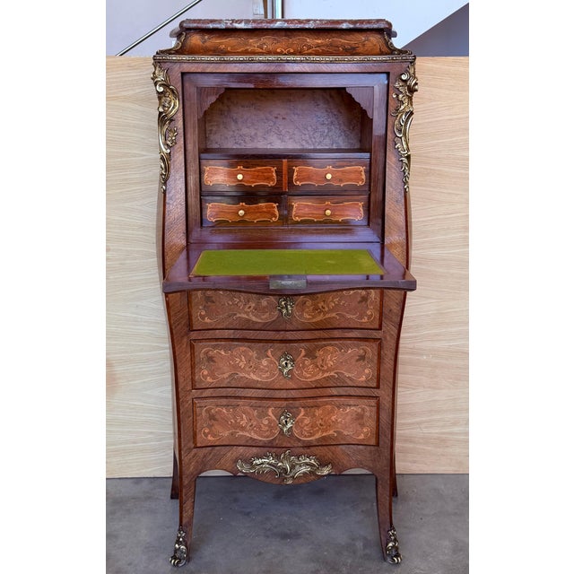 19th Century Bombe Marquetry Secrétaire à Abattant, Marble Top and Bronze Mounts For Sale - Image 17 of 18