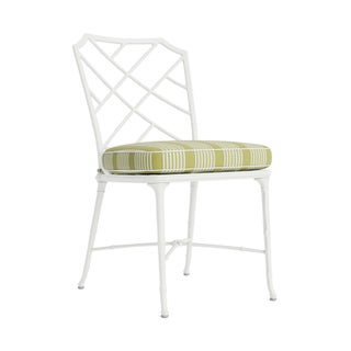Brown Jordan Calcutta Side Chair in Chalk with Pea Green Stripe and Sea Salt Welt Cushions For Sale