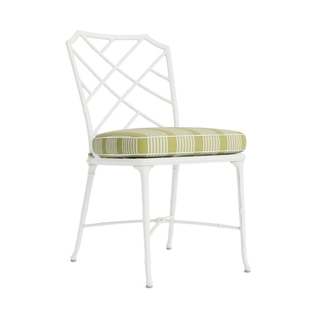 Brown Jordan Calcutta Side Chair in Chalk with Pea Green Stripe and Sea Salt Welt Cushions For Sale