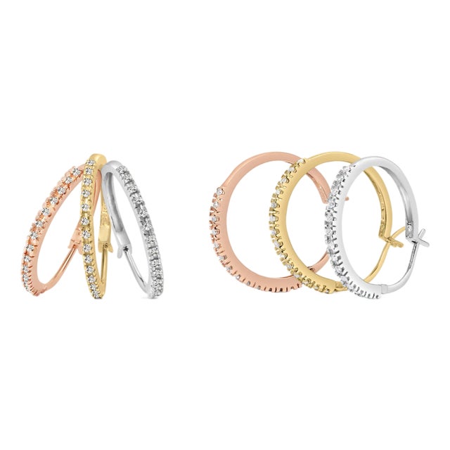 14K Tri-Toned Gold 1/3 Cttw Diamond Triple Hoop Earrings (I-J Color, I2-I3 Clarity) - 22 MM For Sale
