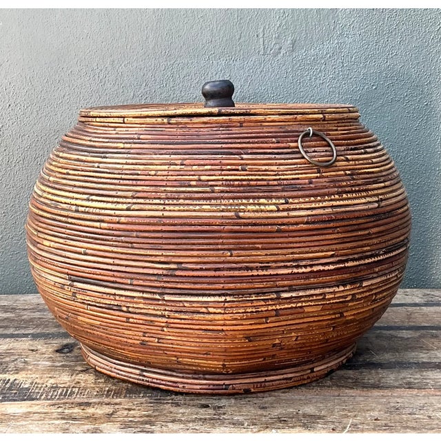 Vintage Pencil Reed Lidded Basket For Sale In West Palm - Image 6 of 12