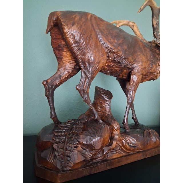 1950s Antique Black Forest Glass and Carved Wood Sculpture of a Roaring Stag, 1950s For Sale - Image 5 of 10