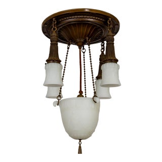 Early 20th Century Brass & Milk Glass Pan Style Chandelier W/ Rope & Urn Details For Sale