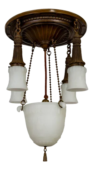 Early 20th Century Brass & Milk Glass Pan Style Chandelier W/ Rope & Urn Details