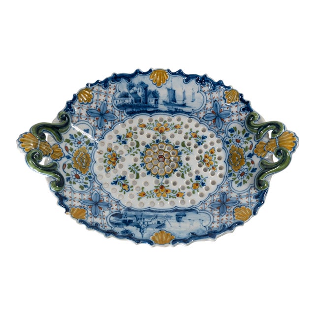 19th Century Dutch Delft Faience Bowl With Polychrome Pierced Design For Sale