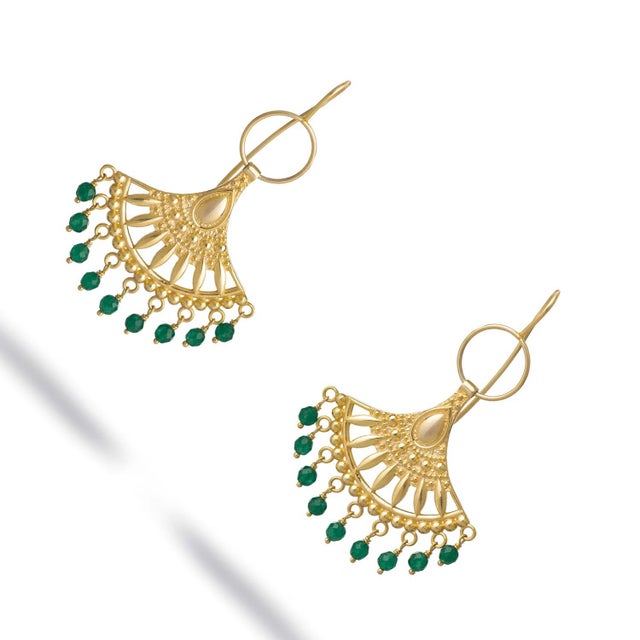 Metal Bohemian Style Jade Sunburst Dangle Earrings, A Pair For Sale - Image 7 of 8
