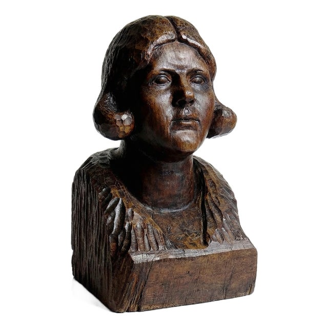 Large Bust of a Woman Carved with a Gouge, 19th Century, Wood For Sale