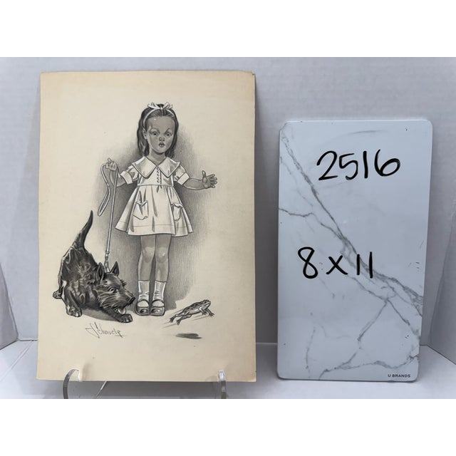 1940s Original Signed Graphite Illustration of Girl Walking Scottie Dog and Frog, 11 × 8 In. For Sale In Atlanta - Image 6 of 6
