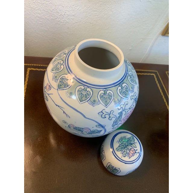 1980s Vintage Asian Blue & White Ginger Jar With Floral & Bird Motif For Sale - Image 5 of 8