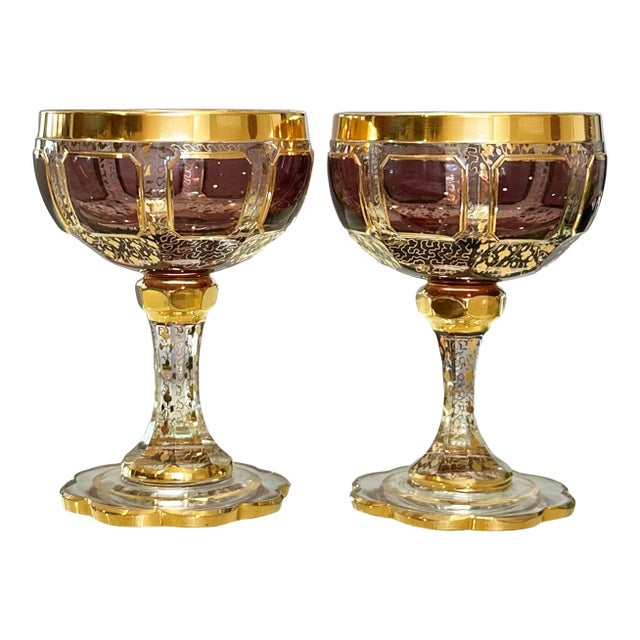 Antique Steiner & Vogel Amethyst and Gold Champagne Coupes Moser Styled - A Pair For Sale