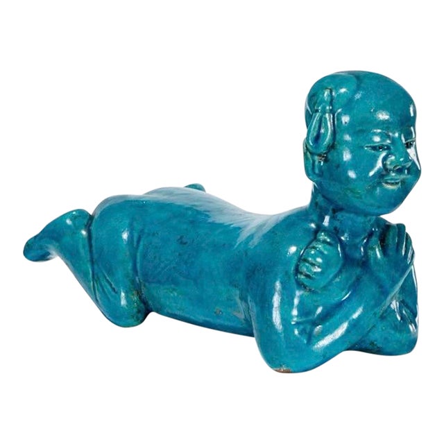 Antique 19th Century Chinese Monochrome Porcelain Turquoise Glaze Pillow or Head Rest Sculpture in the Form of a Crouching Boy For Sale