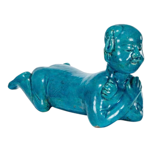 Antique 19th Century Chinese Monochrome Porcelain Turquoise Glaze Pillow or Head Rest Sculpture in the Form of a Crouching Boy