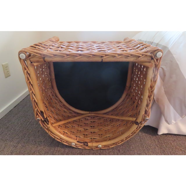 Yellow Cute Pair of Wicker Arm Chairs With Yellow & White Upholstery For Sale - Image 8 of 9