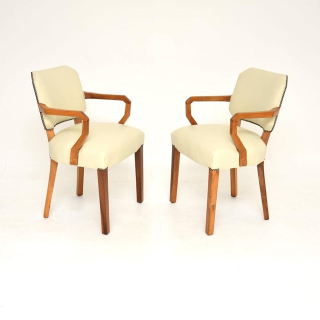 Mid-Century Modern Art Deco Walnut and Leather Carver Armchairs, 1930s, Set of 2 For Sale - Image 3 of 10