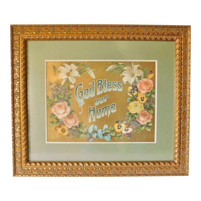 Large Vintage Floral Bless Our Home Ornate Heavy Gold Framed Wall Picture For Sale