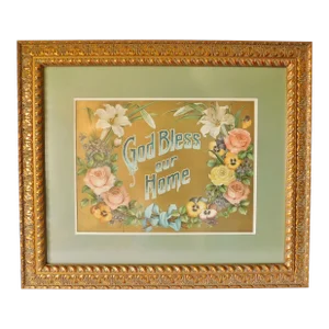 Large Vintage Floral Bless Our Home Ornate Heavy Gold Framed Wall Picture
