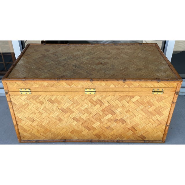 1970s 1970's Bamboo & Woven Wicker Herringbone Design Trunk For Sale - Image 5 of 7