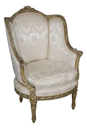 French Louis XVI Creme Painted Tall Back Heavily Carved Bergere Chair