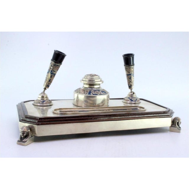 Egyptian Style Enamelled Silver Inkwell on Wood with Sphinx-Shaped Feet For Sale - Image 6 of 7