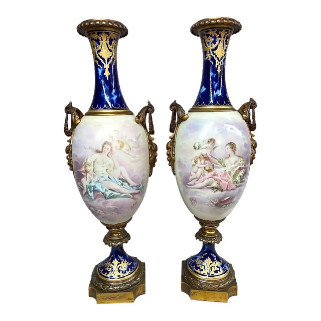Pair of 19th-Century French Sevres Porcelain Vases With Gilded Bronze Mounts For Sale