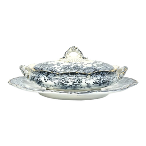1890s Keeling & Co “Chatsworth” Flow Blue Serving Vegetable Bowl & Underplate