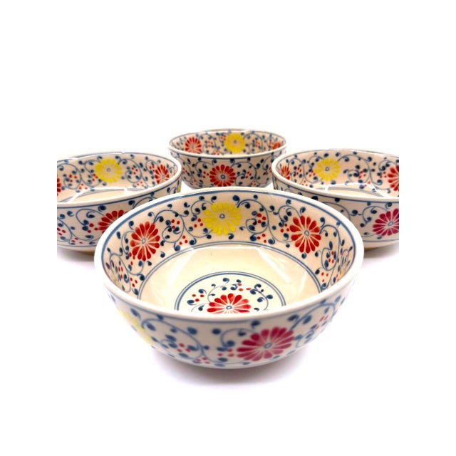 Blue Set of 4 Hand-Painted Bat Trang Vietnamese Ceramic Soup Bowls With Floral Motifs For Sale - Image 8 of 13
