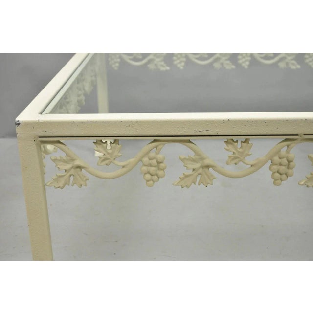 Vintage Woodard Style White Wrought Iron "Grapevine" Square Glass Coffee Table For Sale - Image 4 of 10