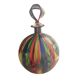 Murano Hand Blown Multicolor Striped Art Glass Decorative Bottle Venice For Sale