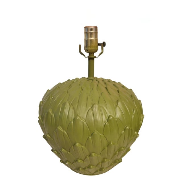 1980s Vintage Customized Painted Green Plaster Artichoke Table Lamps With Leopard Raffia Trim Shades- a Pair For Sale - Image 5 of 6