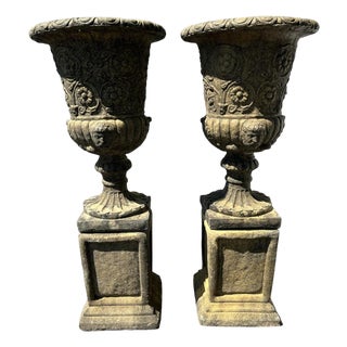 Italian Renaissance Stone Campana Garden Urns, Set of 2 For Sale